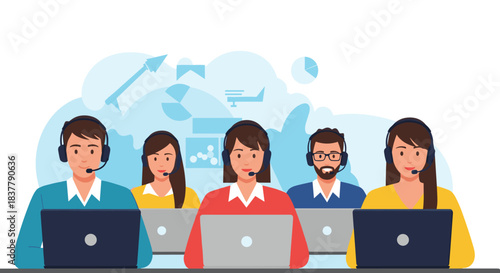 Team of professional call center agents wearing headsets and working on laptops providing online customer service and support.