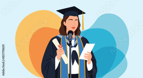 Female graduate in a traditional cap and gown holds her diploma while delivering an inspiring valedictorian speech at a ceremony.
