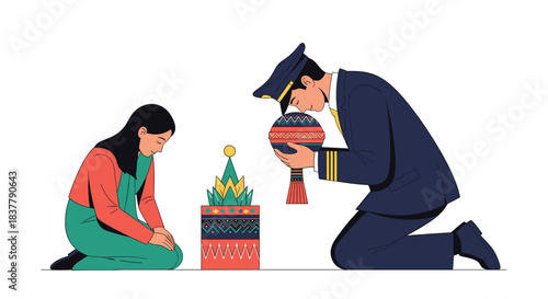 Traditional Thai ceremony showing respect with a woman and a man in a pilot uniform kneeling and bowing with offerings.