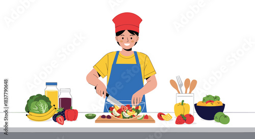 Happy young woman in a chef hat and apron smiling while chopping fresh fruits to make a healthy and delicious fruit salad.