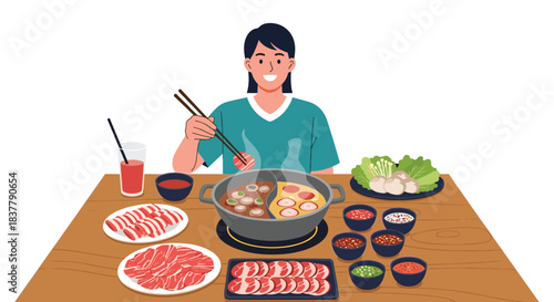 Happy woman enjoying a delicious hot pot meal with various ingredients like sliced meat meatballs and vegetables on the table.