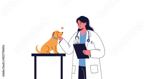 Female veterinarian in a white coat with a stethoscope examining a cute and happy golden retriever puppy on an examination table.