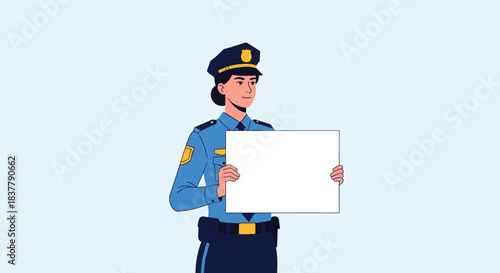 Female police officer in full uniform standing and holding a blank white sign with both hands for your custom message.