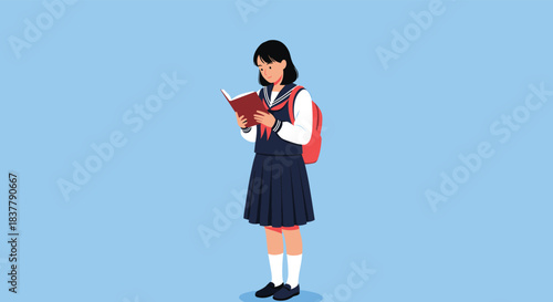 Japanese schoolgirl in a traditional sailor-style uniform standing and reading a book with a red backpack on her shoulder.