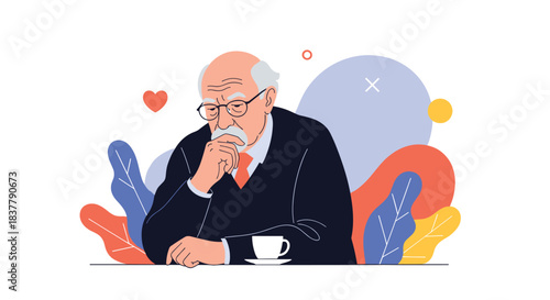 Illustration of a wise elderly man with glasses and a beard sitting at a table deep in thought with a cup of coffee.