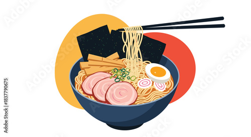 Delicious bowl of Japanese ramen noodle soup with pork slices a soft-boiled egg seaweed and green onions picked up by chopsticks.