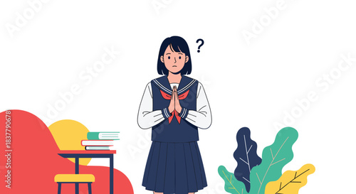 Confused Japanese schoolgirl in a sailor uniform with her hands pressed together and a question mark above her head.