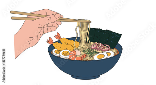 Hand using chopsticks to pick up noodles from a large bowl of Japanese ramen with tempura shrimp eggs and other toppings.