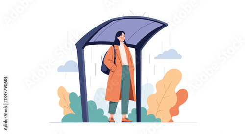 Young woman in a stylish coat with a backpack waiting patiently under a shelter at a bus stop on a cloudy or rainy day.