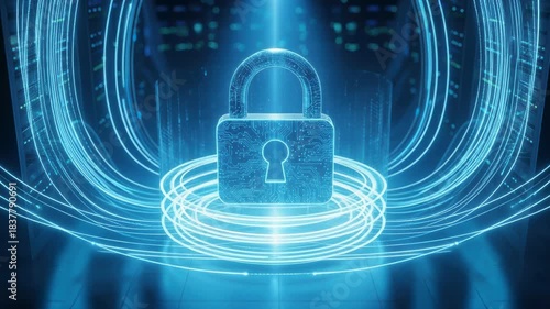 Futuristic glowing digital padlock icon secures massive data in a dark server room emphasizing global network cybersecurity and data protection