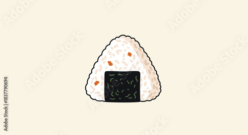 Simple and cute illustration of a traditional Japanese onigiri rice ball with a piece of nori seaweed on a plain background.