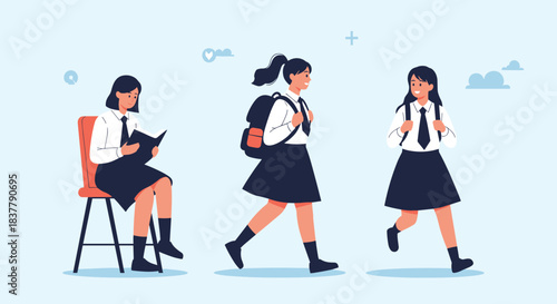 Set of three illustrations showing a Japanese schoolgirl in uniform reading a book sitting down walking and running happily.