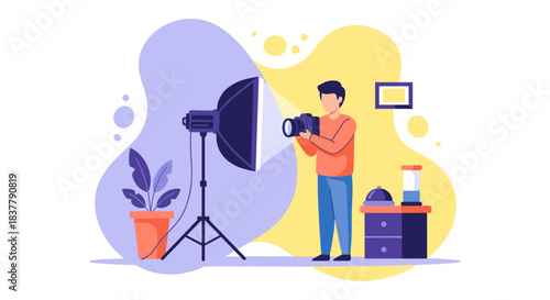 Flat vector illustration of professional male photographer holding camera in modern photo studio with lighting equipment tripod and decorations concept for creative occupation and digital content crea