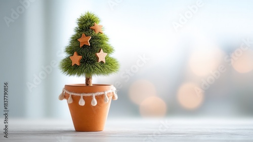 christmas Mini Christmas tree in a pot with decorative stars and lights.
