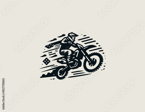 Motocross radicals rider jumping dirt bike in bold black vector logo illustration