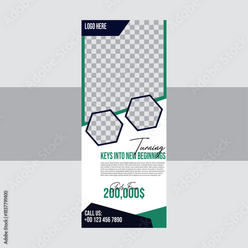Modern and creative real estate roll up banner design template.