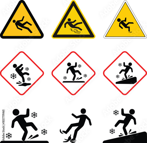 Ice Slippery Surface sign. Caution Signs for Snow and Ice Hazards. Alert for Slippery Road Conditions. Hazard slippery surface wet floor sign, vector illustration isolated on white background. 