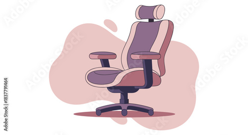 Modern ergonomic office chair illustration featuring high backrest headrest and armrests in purple and pink colors isolated on abstract background flat vector design for workspace furniture and interi