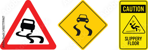 Ice Slippery Surface sign. Caution Signs for Snow and Ice Hazards. Alert for Slippery Road Conditions. Hazard slippery surface wet floor sign, vector illustration isolated on white background. 