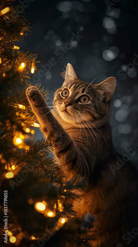 cat and lights, the Christmas tree's biggest fear