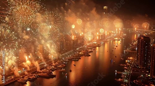 Spectacular New Year's Eve Golden Fireworks Show Over Modern City Waterfront