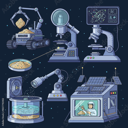 Exciting space exploration science lab with astronaut analyzing lunar samples, innovative technology for cosmic research and discovery, vector design
