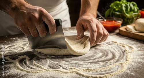 Hands of male baker working dough with utensil for artisanal pizza prep