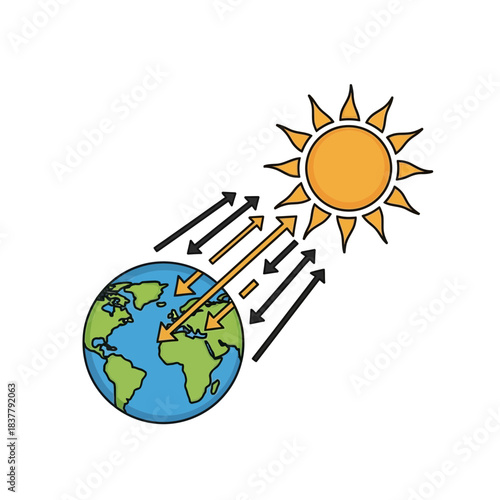 Earth's energy balance with solar radiation illustration, perfect for climate change awareness campaigns and educational materials about the environment and conservation
