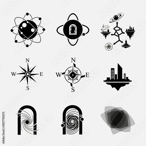 Intricate symbolic black designs for modern logo creation, featuring science, exploration, cityscapes, and portals for a unique and captivating brand identity