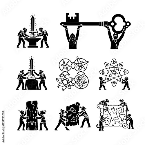 Magical teamwork and collaboration creating powerful artifacts, opening doors and exploring new worlds in this black and white conceptual design