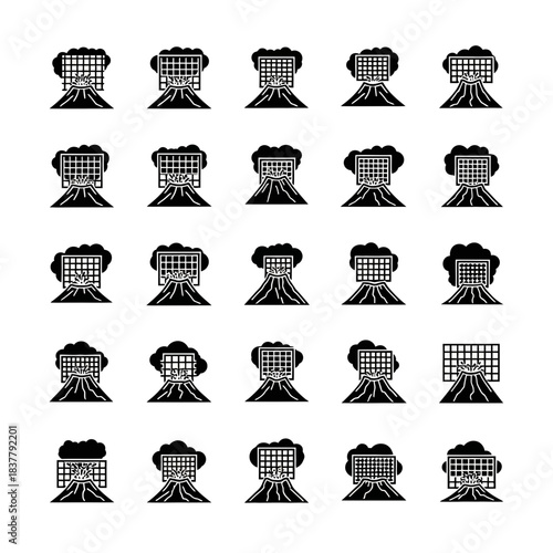 Dynamic volcano eruption icons showcase natural disaster risk, perfect for educational materials, awareness campaigns, and geological studies, originally vector art