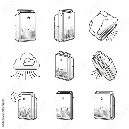 Modern air purifier system icons for healthier living, promoting clean air, respiratory health, and allergy relief in a stylish, scalable design, vector