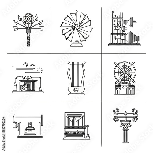 Whimsical machine drawings of inventions and devices for curious minds, perfect for adding a touch of vintage inspiration to your creative projects!