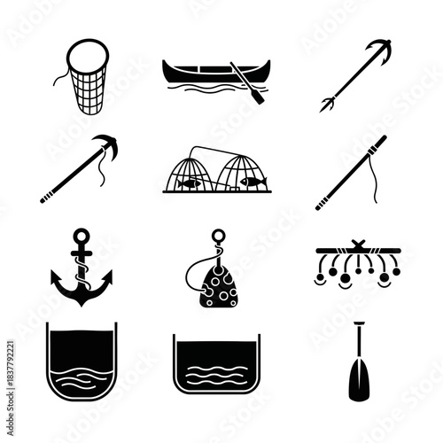Explore a curated collection of minimalist fishing icons, perfect for crafting a stunning logo or unique design elements with a modern, clean aesthetic
