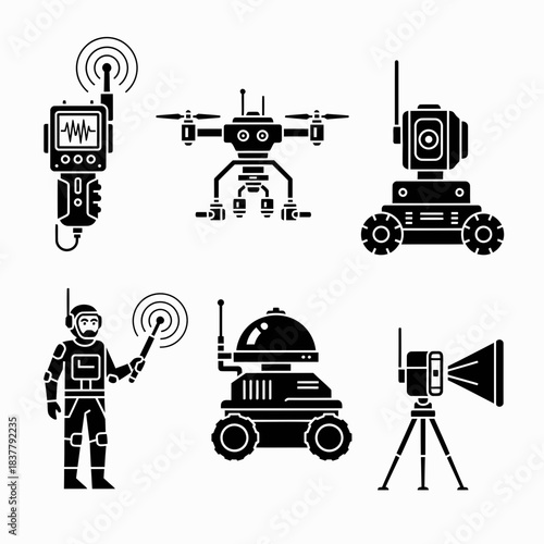 Futuristic robotics and automation technology concept, advanced engineering and exploration, featuring a drone, robots, and operator in sleek designs