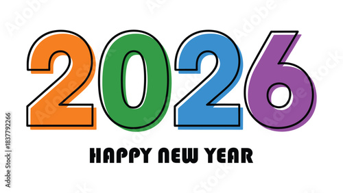 Vibrant 2026 Happy New Year typography design featuring bold multicolor numerals with gradient highlights and modern festive styling, perfect for celebration graphics and holiday greetings