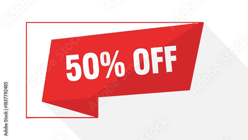 Red promotional banner displaying fifty percent discount offer.