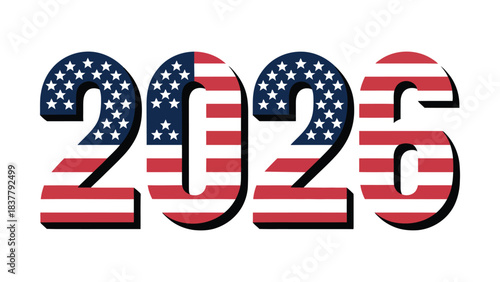 USA flag themed 2026 typography design featuring bold patriotic numerals with American flag pattern, ideal for Independence Day, elections, national celebrations, and promotional graphics
