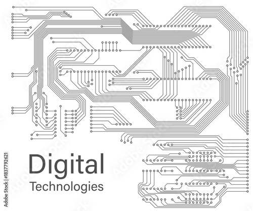 Printed circuit board of digital technologies. Fragment of the wiring diagram of modern technologies. Digital technologies.