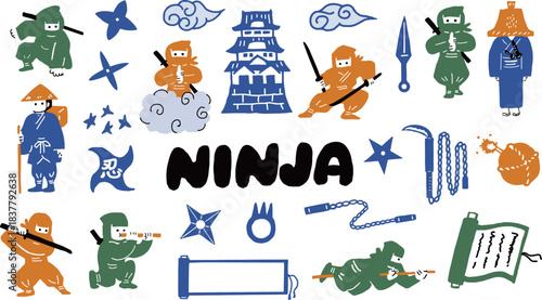 忍者と和風の人物・道具のイラストセット　忍びの動作・武装・古風アイテムの手描き風デザイン