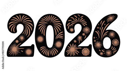Elegant 2026 typography filled with decorative fireworks patterns in warm golden tones, festive celebratory new year design ideal for holiday greetings, party themes and seasonal event graphics