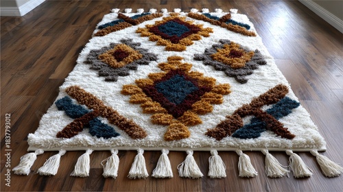 Textured wool rug with geometric pattern and tassels on wood floor