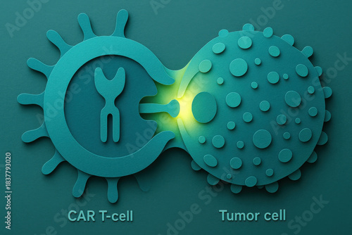 Medical illustration of powerful CAR T cell attacking tumor cell. This immunotherapy concept shows chimeric antigen receptor for hopeful cancer treatment and therapy