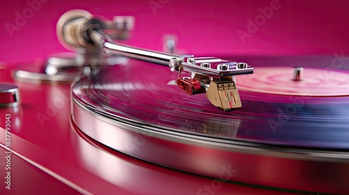 Turntable playing vinyl record against pink background
