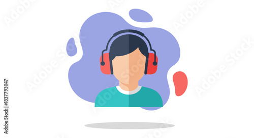 Flat vector illustration of a male character avatar wearing red headphones representing customer support agent, call center, online learning, or listening to music concepts.