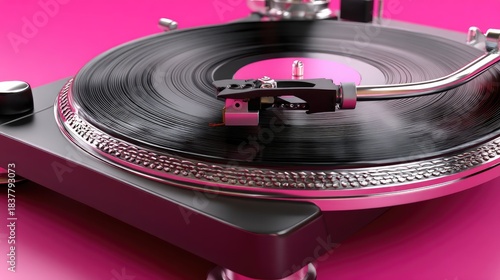 Turntable playing vinyl record against pink background