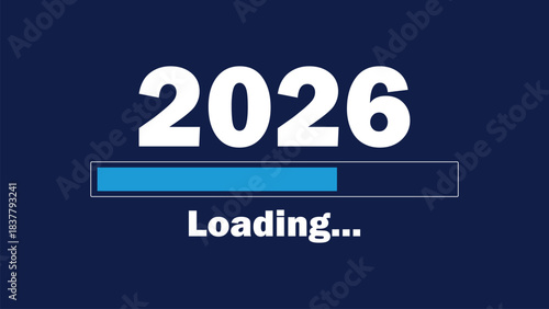 Modern 2026 loading progress bar graphic with bold typography and minimalist design, representing upcoming new year, countdown, progress concept and futuristic digital interface style artwork