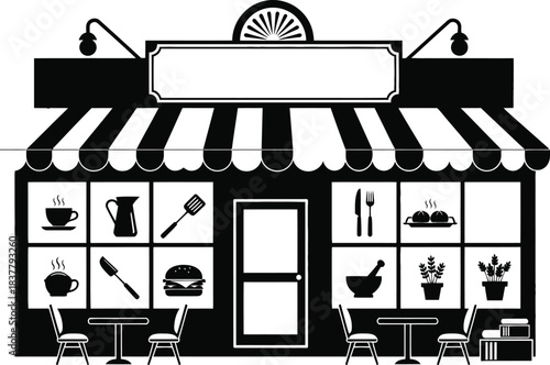 Cafe Storefront Illustration with Outdoor Seating and Food Icons