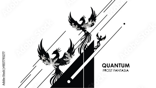Majestic phoenix birds soaring with ethereal energy and abstract lines on a white background