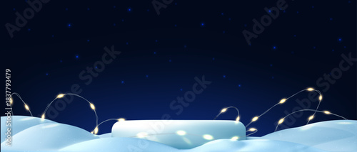3d snow hill, snowdrift podium, dark winter star sky. Wavy snowdrift winter podium, white mountain border,Christmas lights. Vector illustration poster, winter greeting card, product presentation